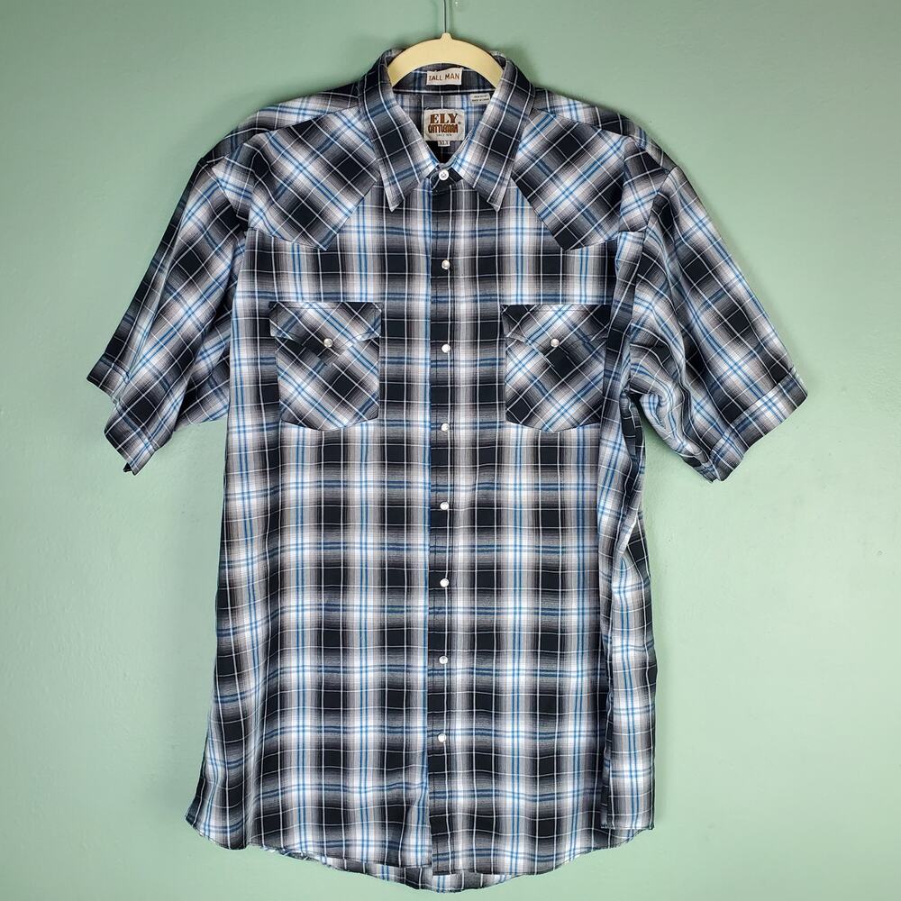 Ely Cattleman Blue Black  Plaid Pearl Snap Short Sleeve Tall Man Shirt Size XLT